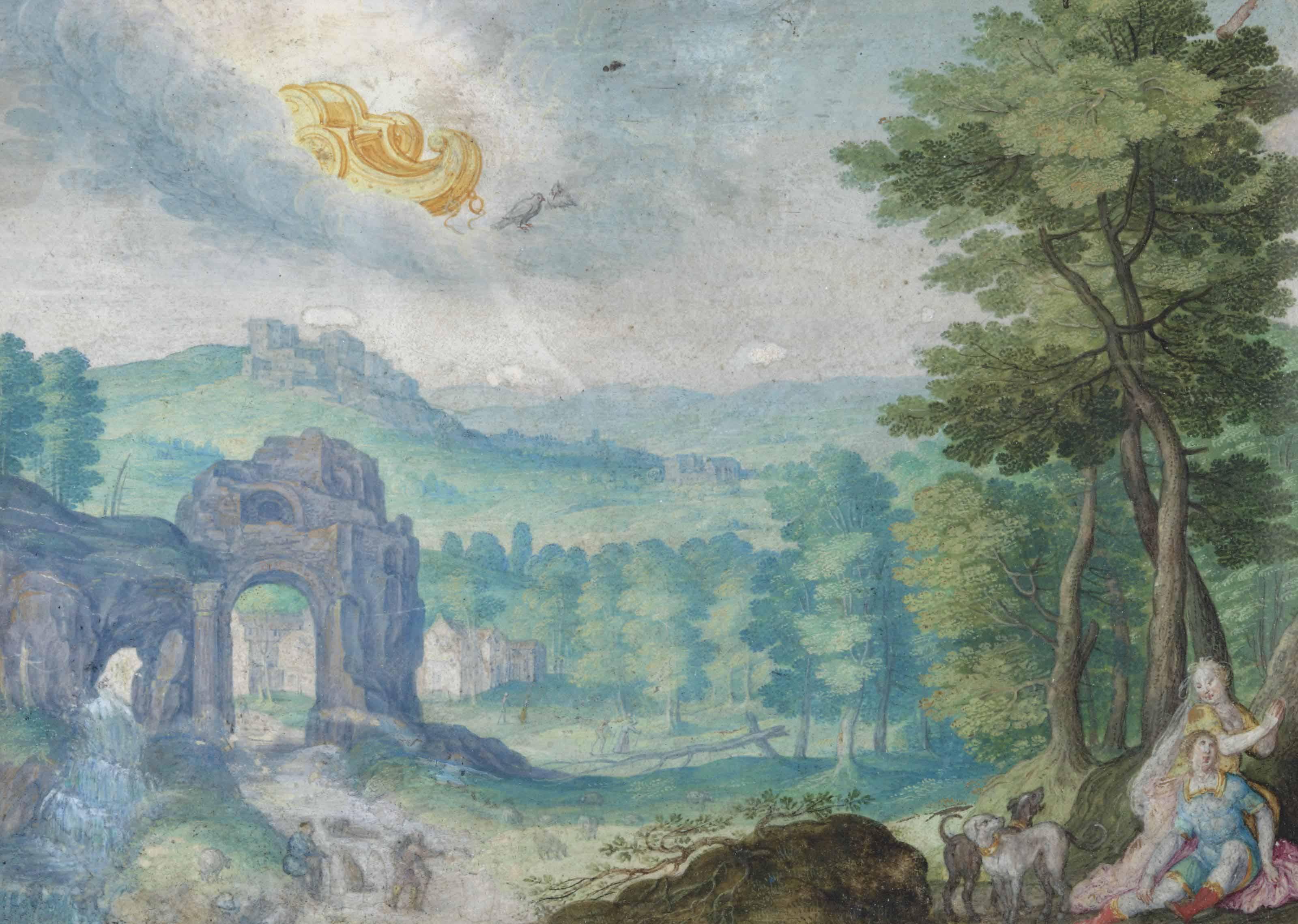 Friedrich Brentel - A Mountainous Landscape With Venus And Adonis And Venus\' Chariot In The Sky
