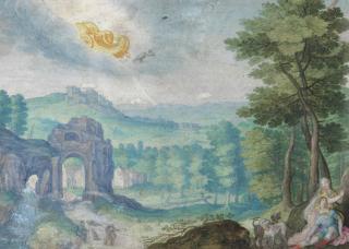 Friedrich Brentel - A Mountainous Landscape With Venus And Adonis And Venus\' Chariot In The Sky