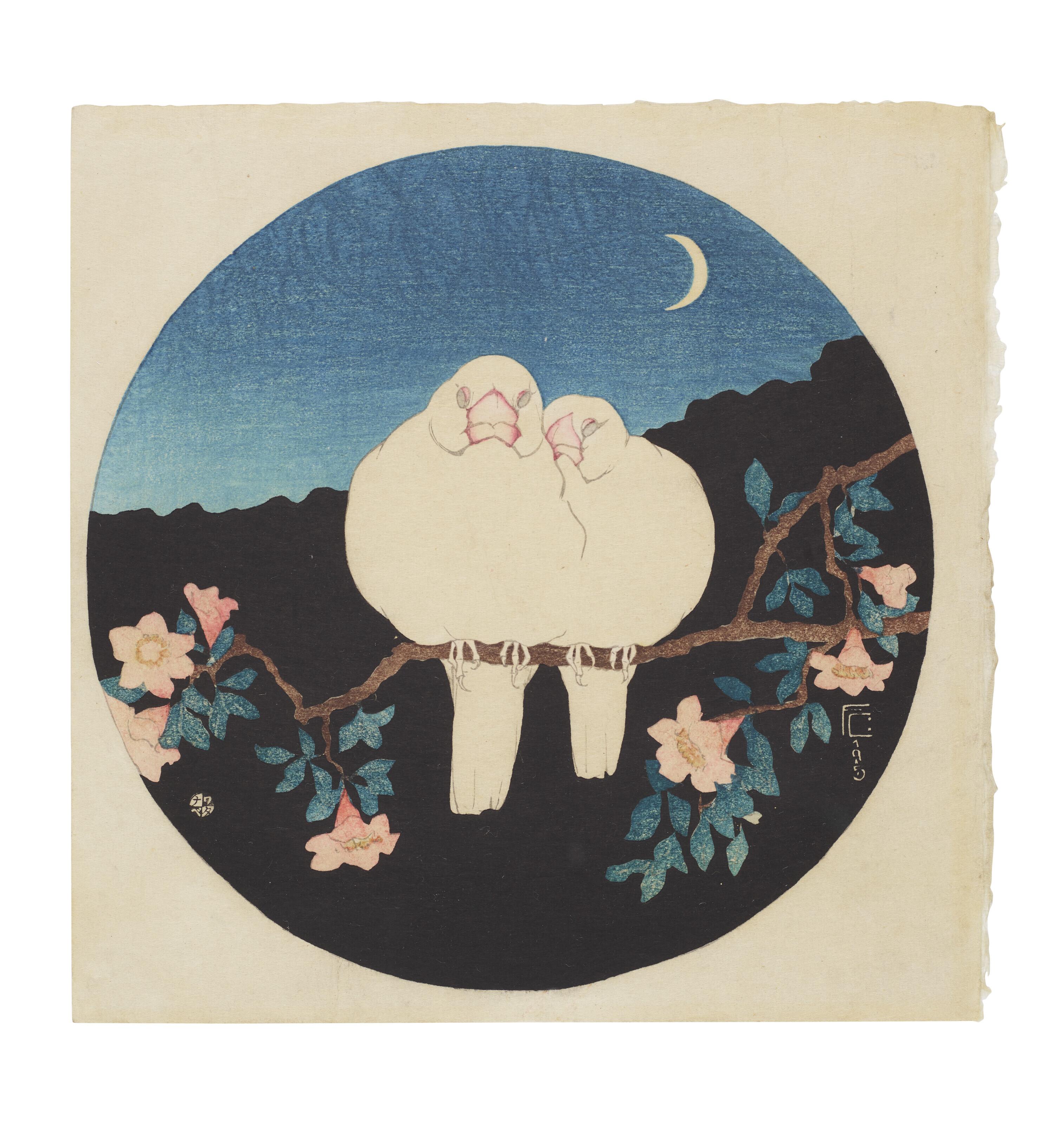 Friedrich Capelari - White birds on pomegranate tree at night