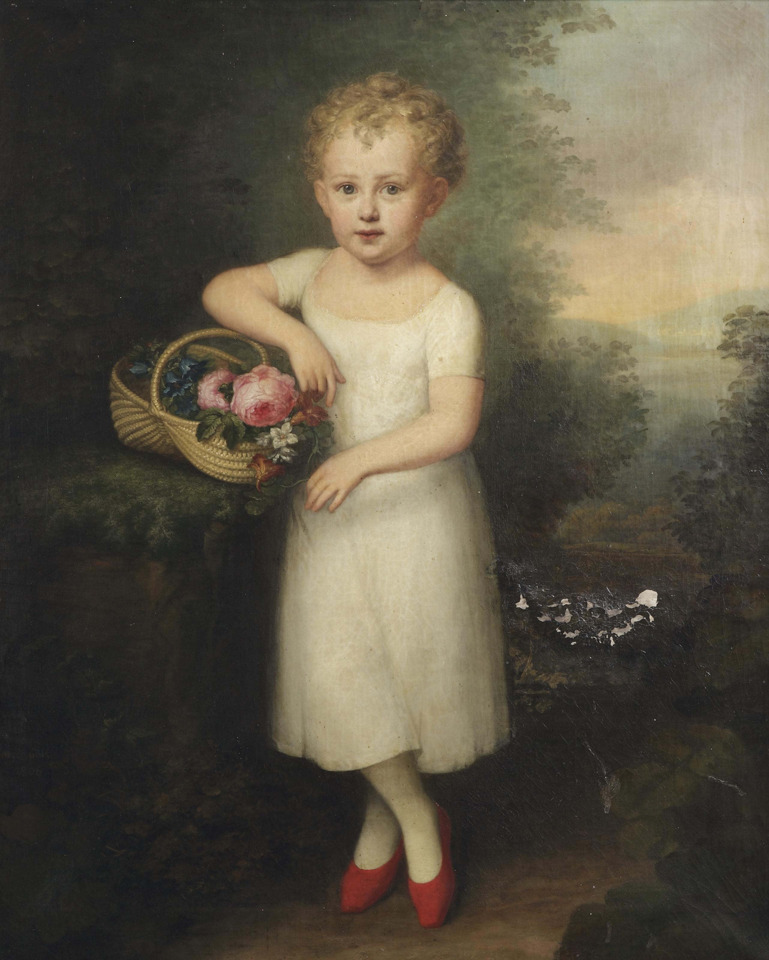 Friedrich Carl Gröger - Portrait of Agnes Gräfin zu Ranzau (1803-1884), full-length, in a white dress, holding a basket with flowers, standing in a garden