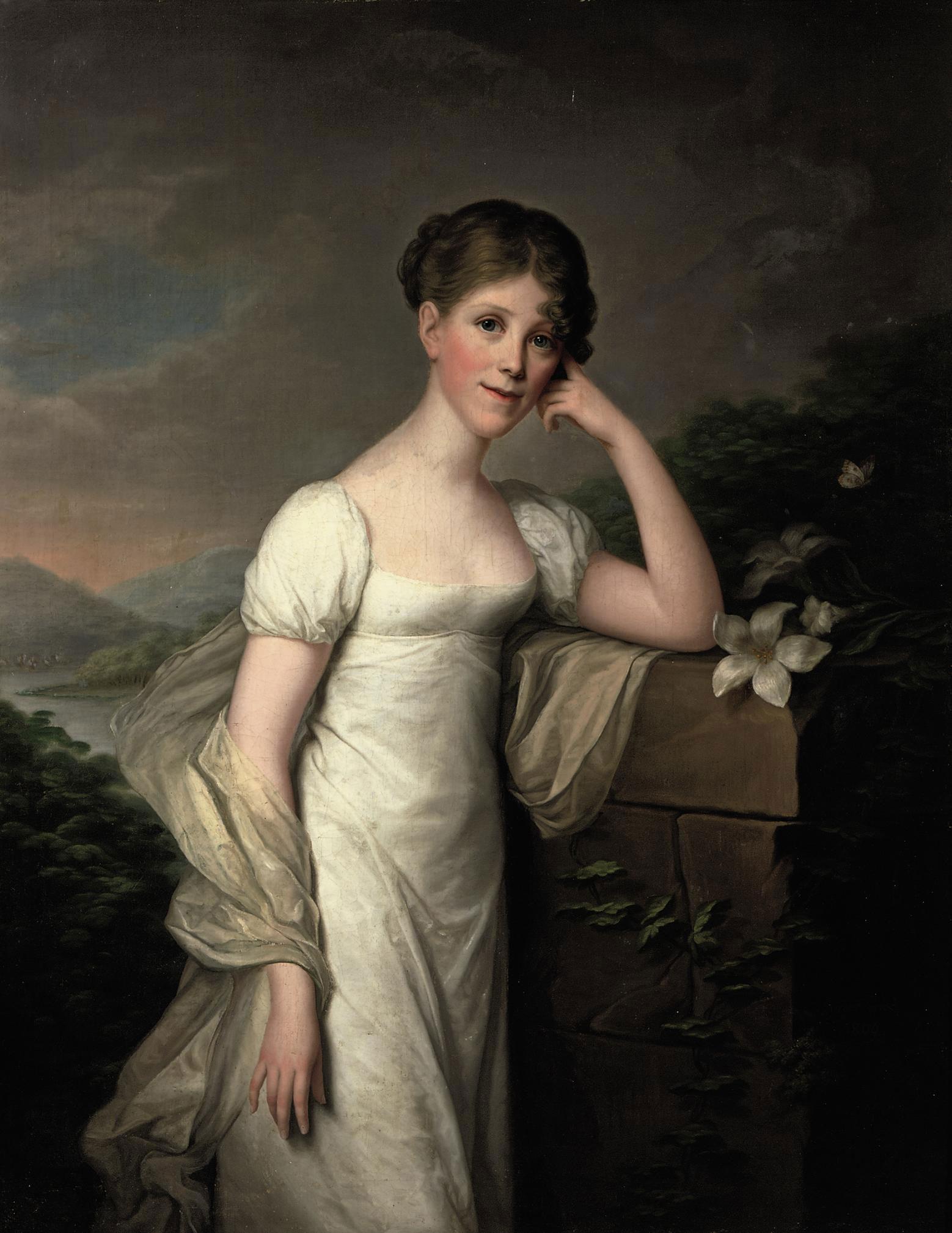 Friedrich Carl Gröger - Portrait of Sophie Caroline von Berger, nee Gräfin Krag-Juel-Vind-Fries, three-quarter-length, in a white dress and a silk wrap, standing in a landscape, leaning on a pedestal with lilies