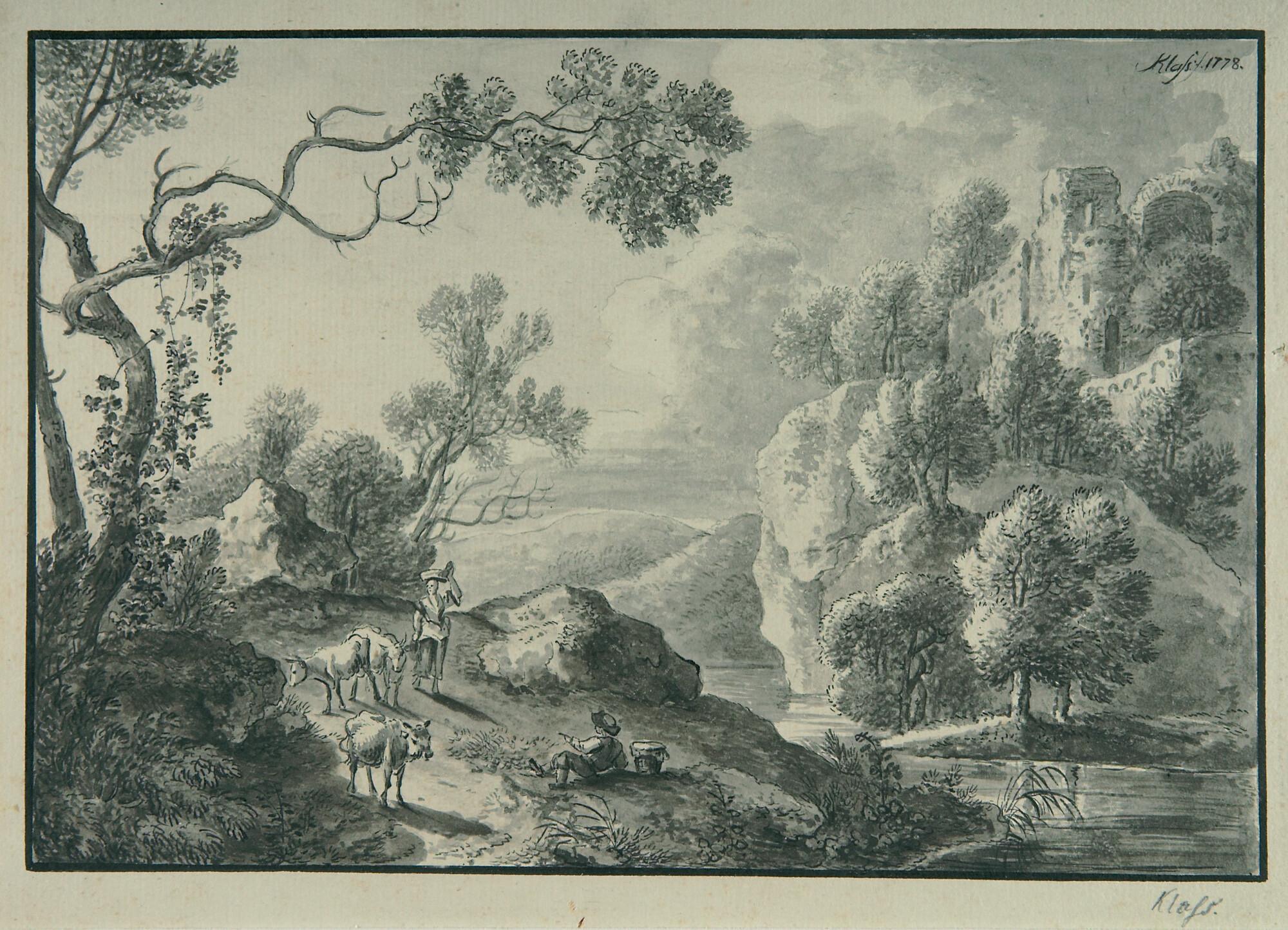 Friedrich Christian Klass - Landschaft mit Hirten, Fluss und Burgruine.