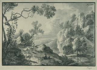 Friedrich Christian Klass - Landschaft mit Hirten, Fluss und Burgruine.
