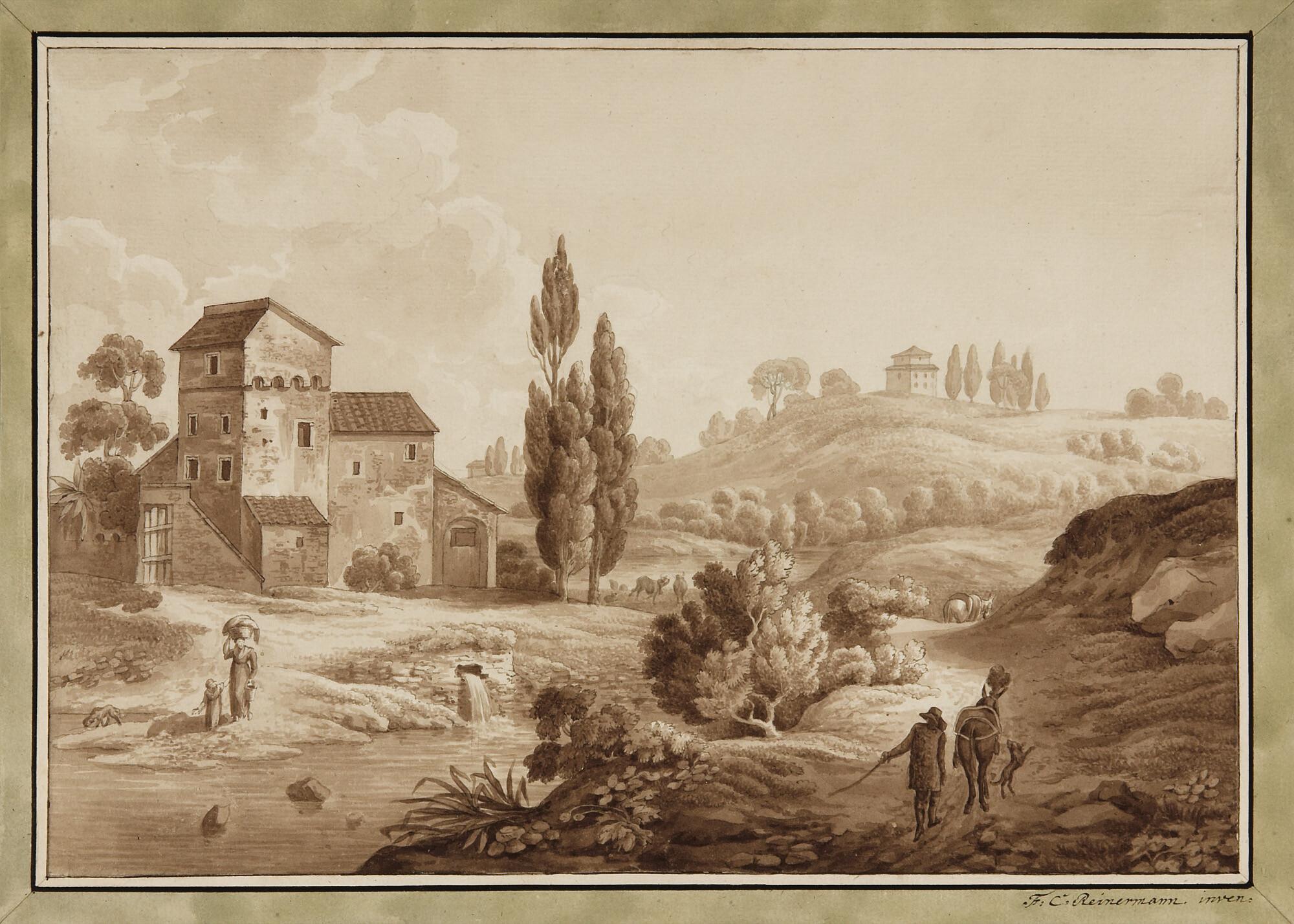 Friedrich Christian Reinermann - Italienische Landschaft mit Gewässer und Staffagefiguren.