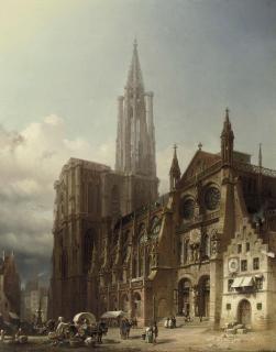 Friedrich Eibner - Marketday on the square in front of The Cathedral of Strasbourg