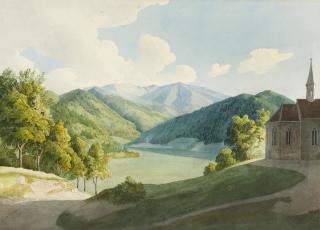 Friedrich Eisenlohr - Sommerliche Berglandschaft, rechts mit einer gotischen Kirche, im