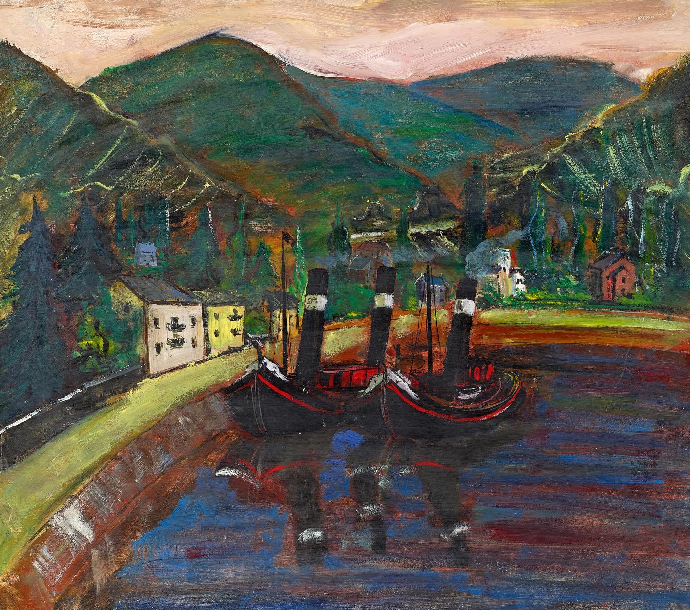 Friedrich G. Einhoff - Rheinschlepper vor bewaldetem Ufer