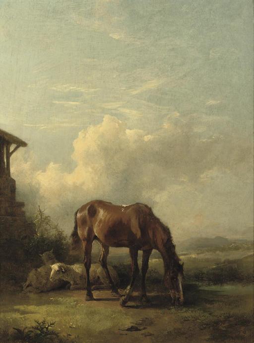 Friedrich Gauermann - Sheep and a horse on a sunny afternoon