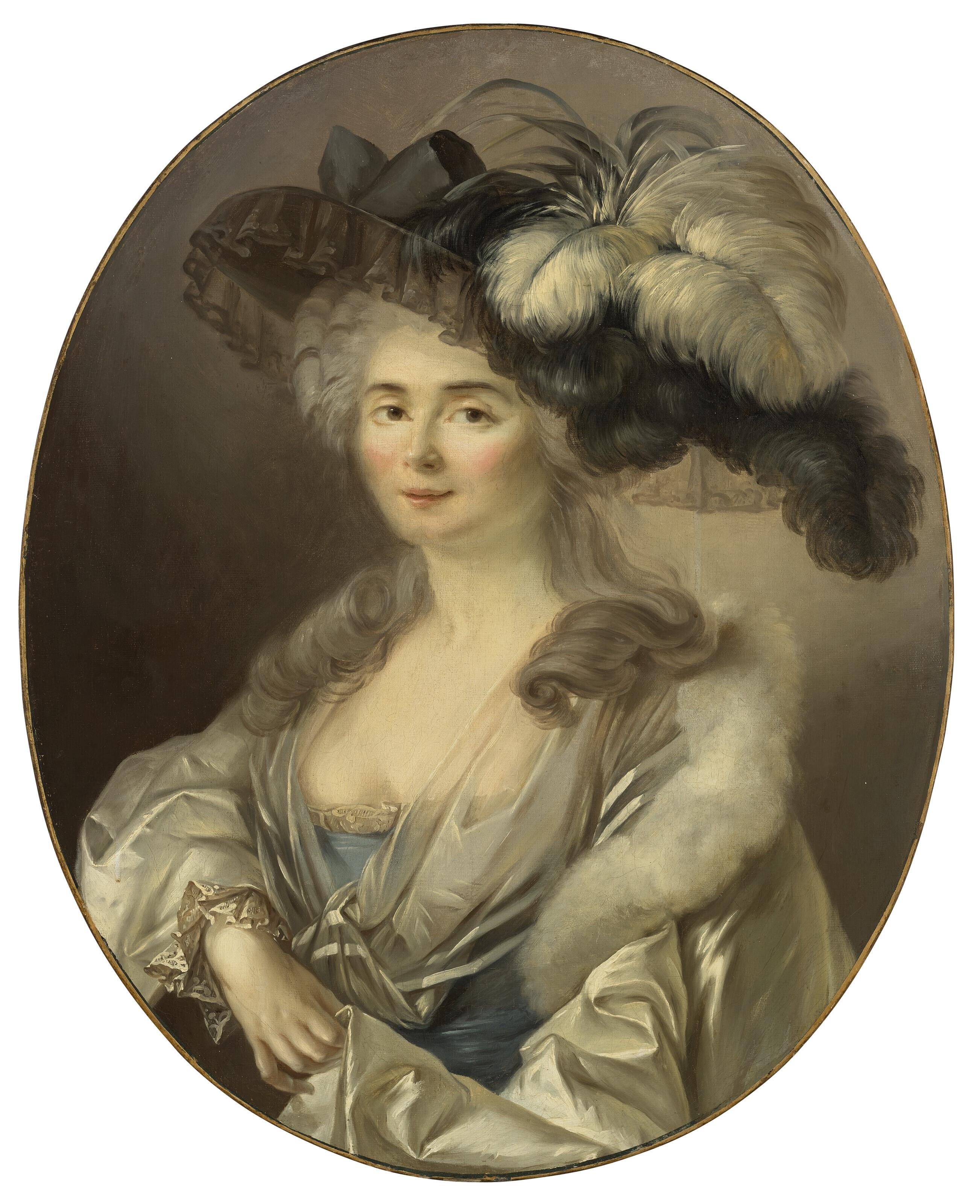 Friedrich Heinrich Füger - Portrait of a lady, bust-length, in a blue dress and white shawl, with a black hat with feathers