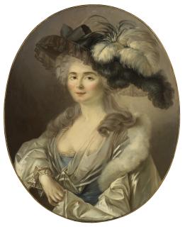 Friedrich Heinrich Füger - Portrait of a lady, bust-length, in a blue dress and white shawl, with a black hat with feathers