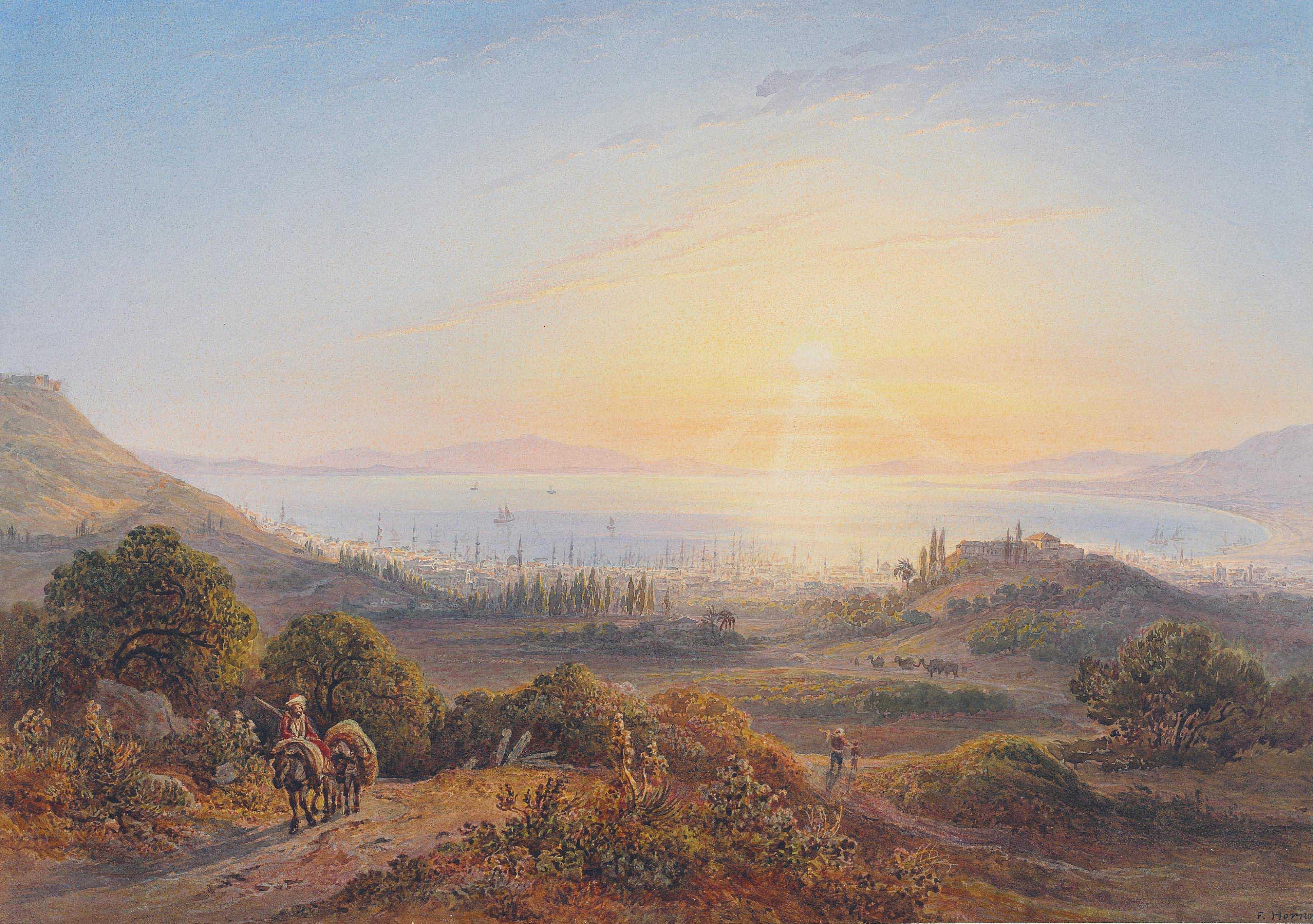 Friedrich Horner - The harbour of Izmir, with travellers in the foreground and mountains in the background