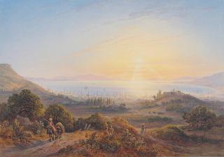 Friedrich Horner - The harbour of Izmir, with travellers in the foreground and mountains in the background