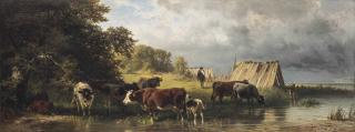 Friedrich Johann Voltz - Cattle drinking from the river