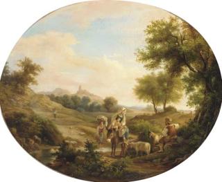 Friedrich Johann Voltz - Travellers on the way home from market in an Italianate landscape