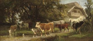 Friedrich Johann Voltz - Watering cattle before a farmstead