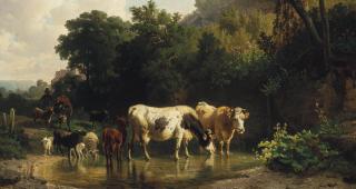 Friedrich Johann Voltz - Watering Livestock At The Stream