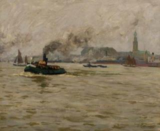 Friedrich Kallmorgen - Hamburger Hafen mit Barkasse