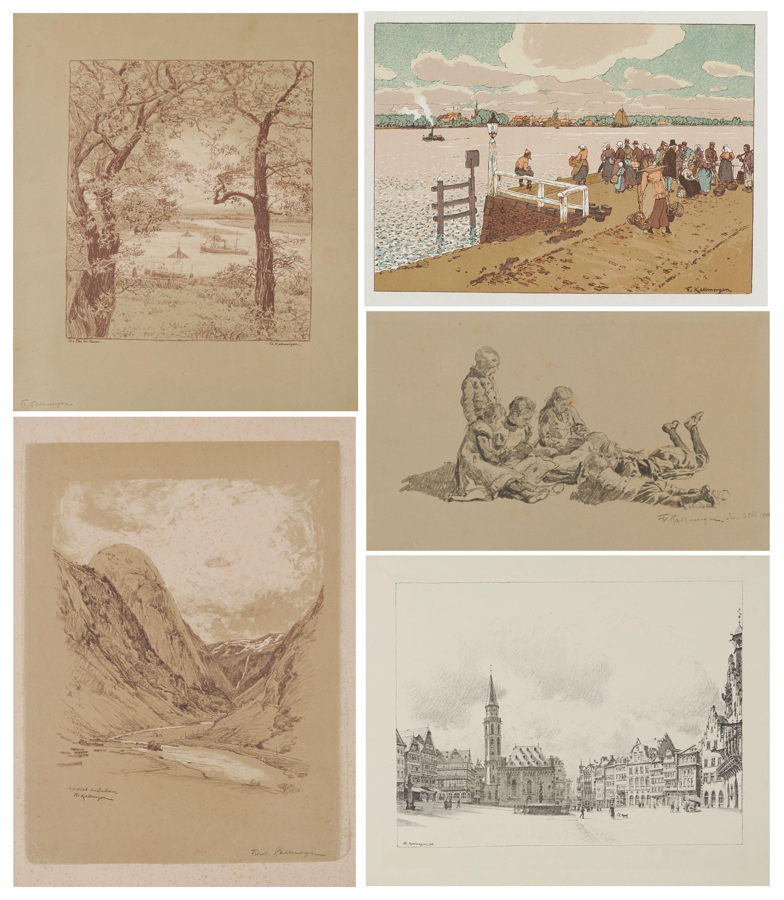 Friedrich Kallmorgen - Konvolut aus 5 Drucken: Studie von im Gras lesenden Kindern, \