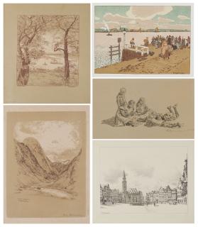 Friedrich Kallmorgen - Konvolut aus 5 Drucken: Studie von im Gras lesenden Kindern, \