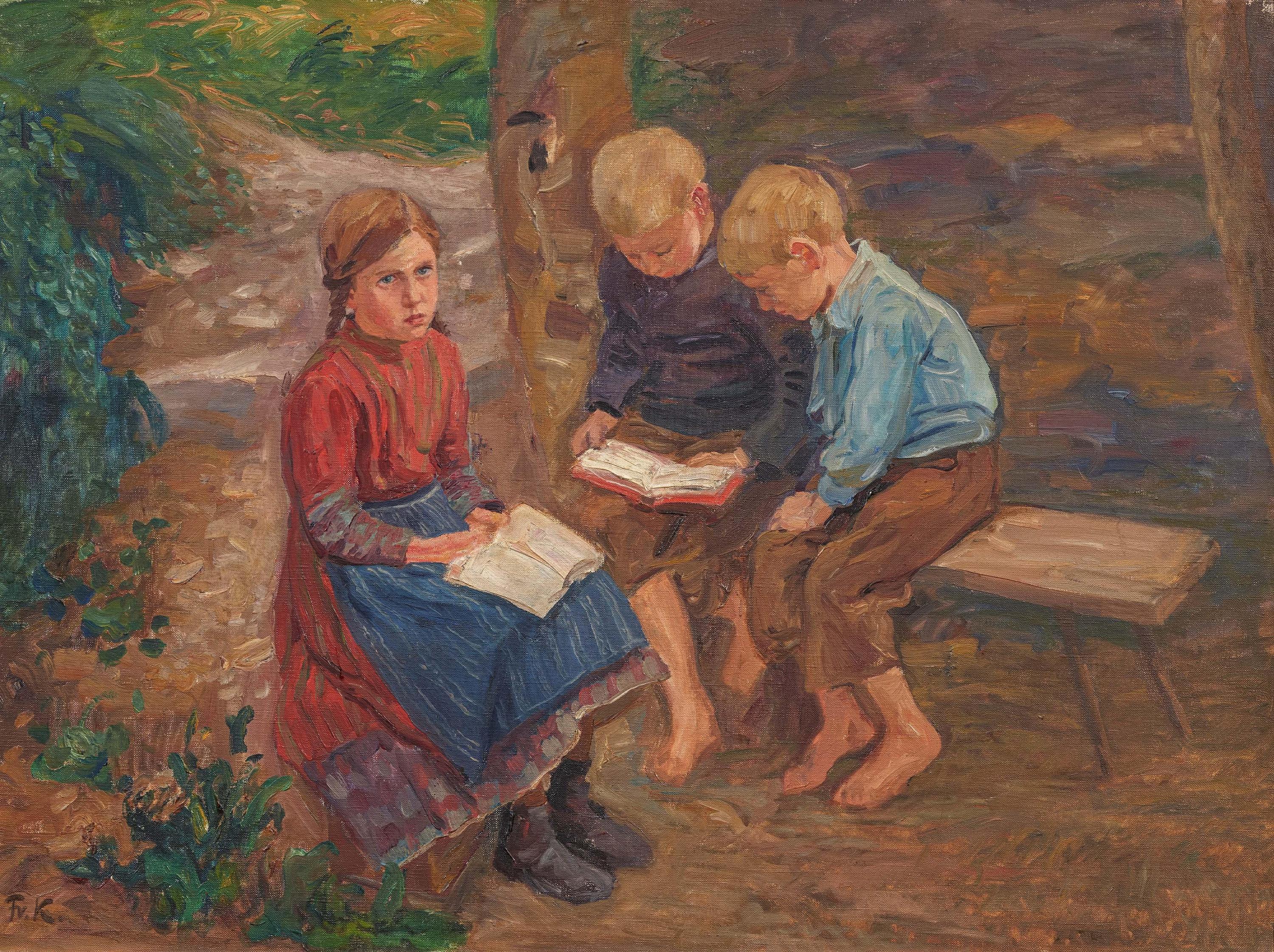 Friedrich Kallmorgen - Lesende Kinder im Garten.