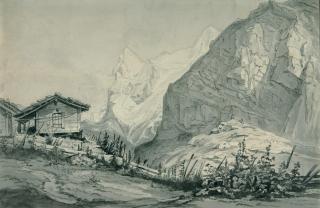 Friedrich Loos - Blick auf den Eiger und auf den Mönch, mit einer Hütte im