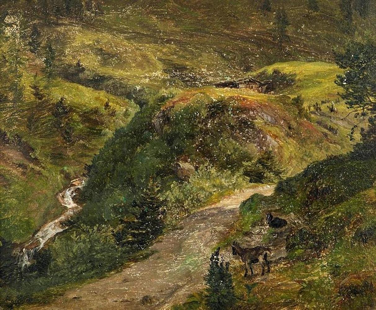 Friedrich Loos - Gebirgsbach mit Ziegen
