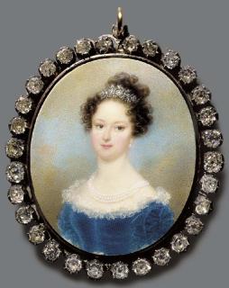 Friedrich Ludwig Vieth Von Goldenau - A young lady, facing left in lace-bordered blue velvet dress, triple strand pearl necklace, flowers in her upswept dark curling fair