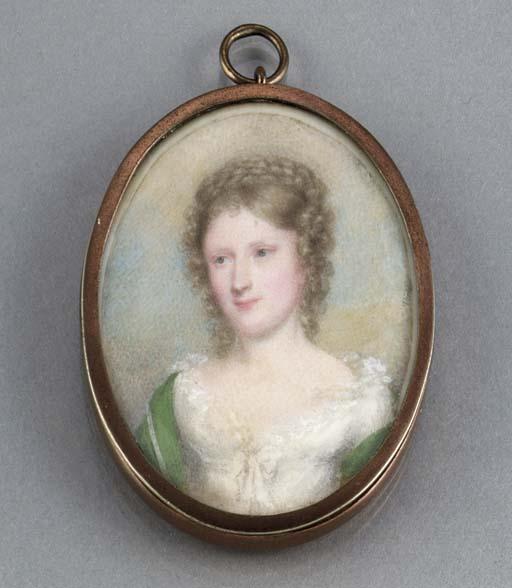 Friedrich Ludwig Vieth Von Goldenau - A young lady, facing left in lace-bordered white dress with bow at corsage, silver-bordered pale green stole draped around her shoulders, her fair hair curled plaited and upswept