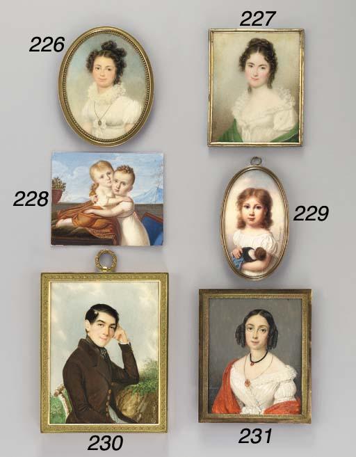 Friedrich Ludwig Vieth Von Goldenau - A young lady, full face in white dress with high standing lace border, tied bow at corsage, green cashmere shawl draped around her shoulders, her dark hair dressed in ringlets and plaited in a bun