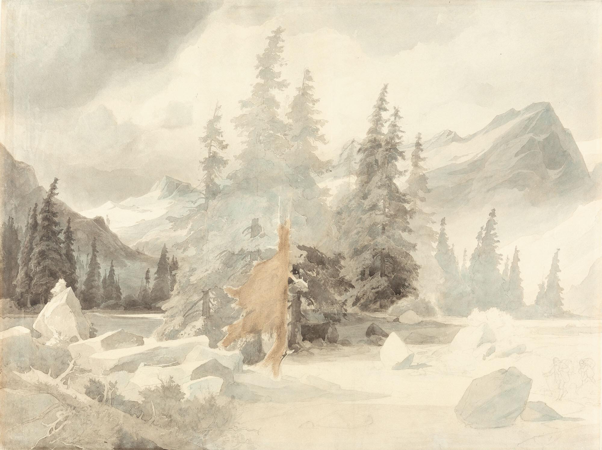 Friedrich Preller d. Ä. - Hochgebirgslandschaft mit Wanderern.