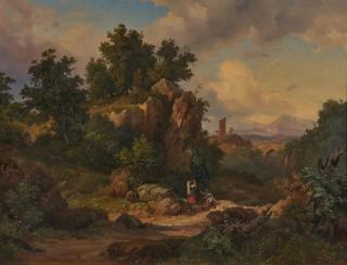 Friedrich Preller d. Ä. - Italienische Gebirgslandschaft mit Familie bei der Rast.