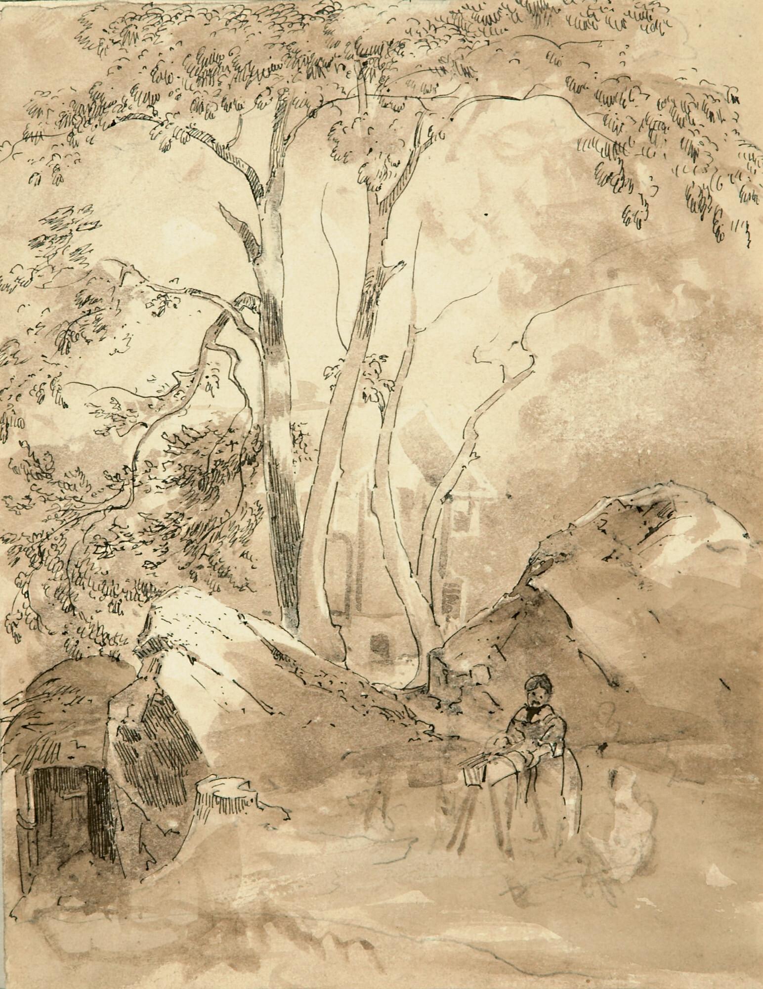 Friedrich Salathé - Bäuerin bei der Flachsbearbeitung im Freien.