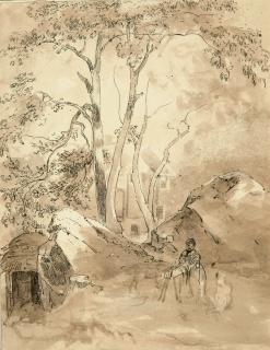 Friedrich Salathé - Bäuerin bei der Flachsbearbeitung im Freien.