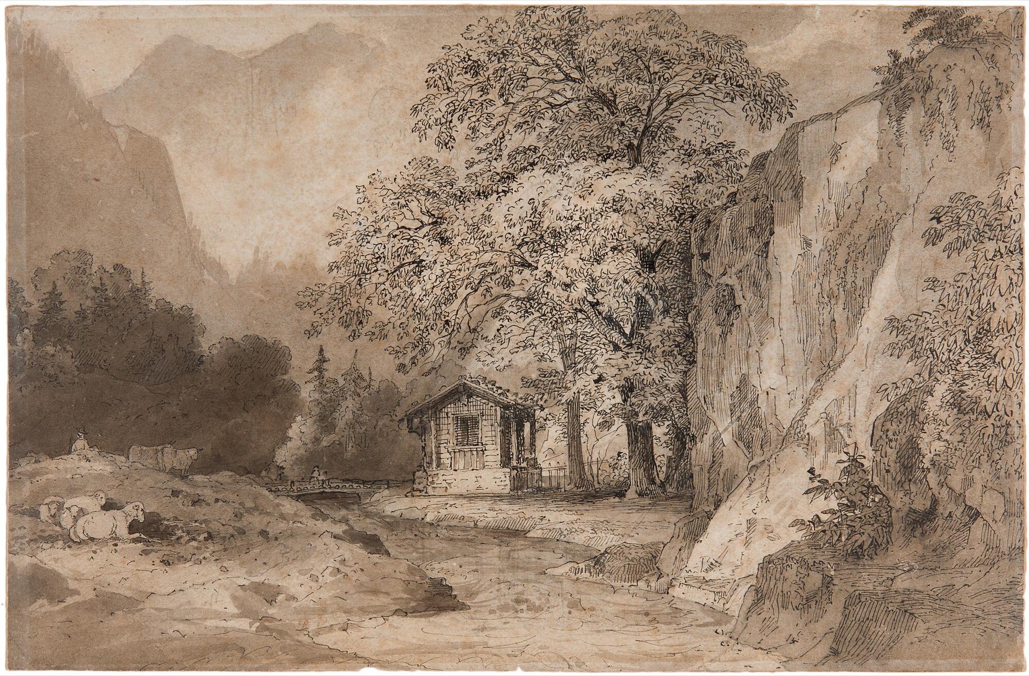 Friedrich Salathé - Eine Hütte im Hochgebirge mit Schäfer und Herde.