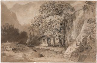 Friedrich Salathé - Eine Hütte im Hochgebirge mit Schäfer und Herde.