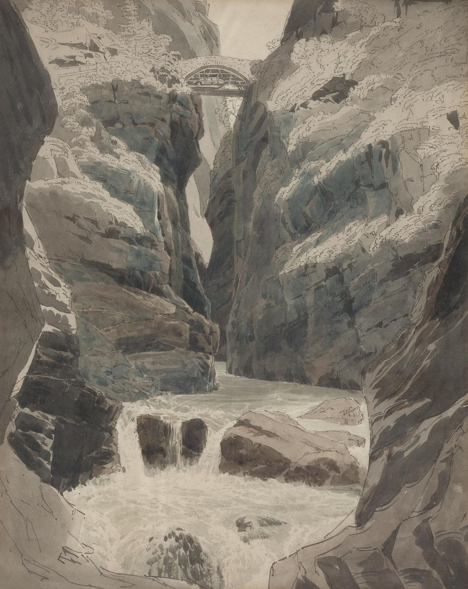 Friedrich Salathé - Fluss mit Felsbrocken und Brücke.