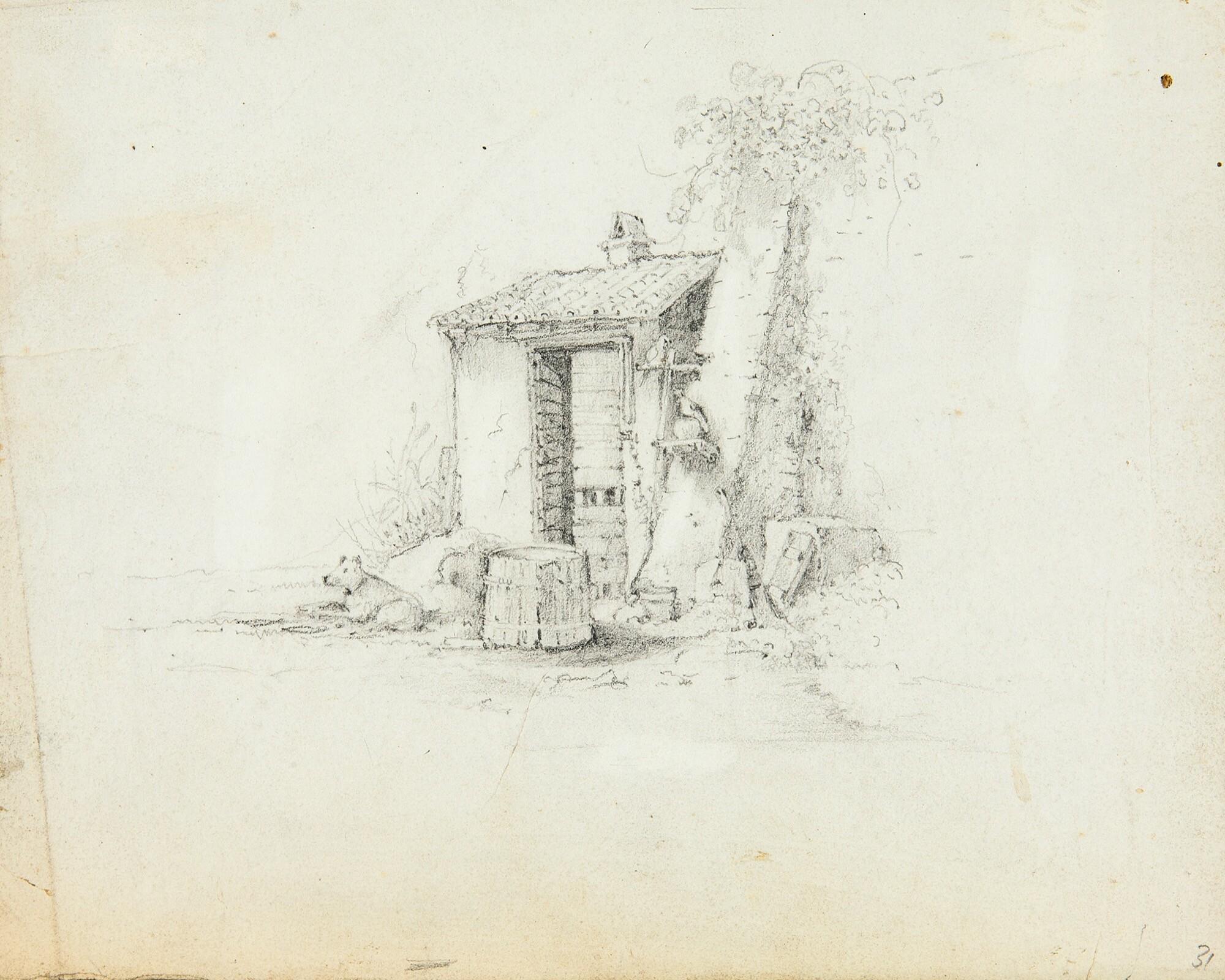 Friedrich Salathé - Gartenhäuschen mit Hund.