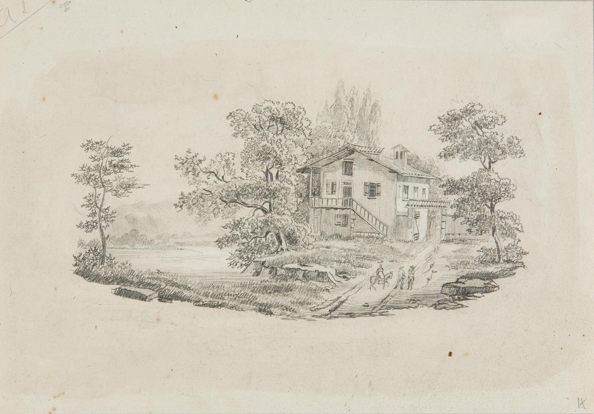 Friedrich Salathé - Pittoreskes Haus am Ufer mit Figuren. Verso: Aststudien.