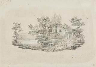 Friedrich Salathé - Pittoreskes Haus am Ufer mit Figuren. Verso: Aststudien.