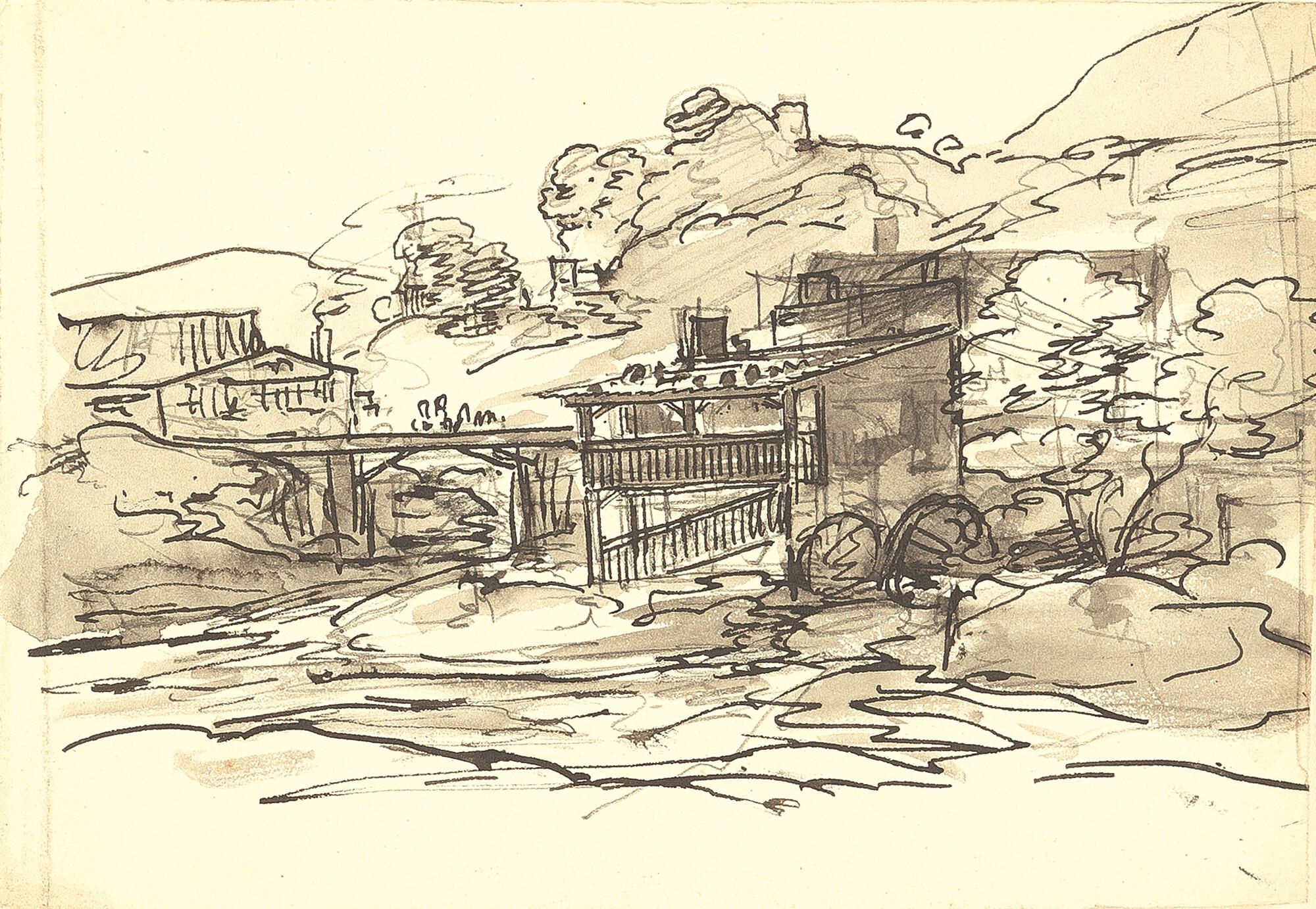 Friedrich Salathé - Schweizer Dorflandschaft mit Brücke.