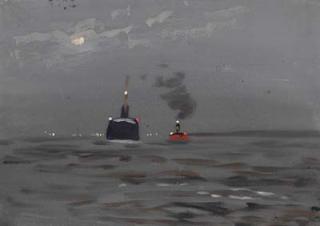 Friedrich Schwinge - 2 Bll.: Dampfer auf der Elbe bei Nacht. Grau gegen Abend