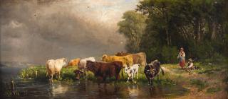 Friedrich Voltz - Ein Hirtenpaar mit Kühen am See bei Gewitterstimmung.