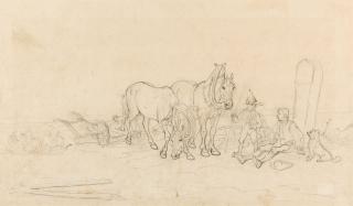 Friedrich Voltz - Rastende Bauern mit Pferdewagen.