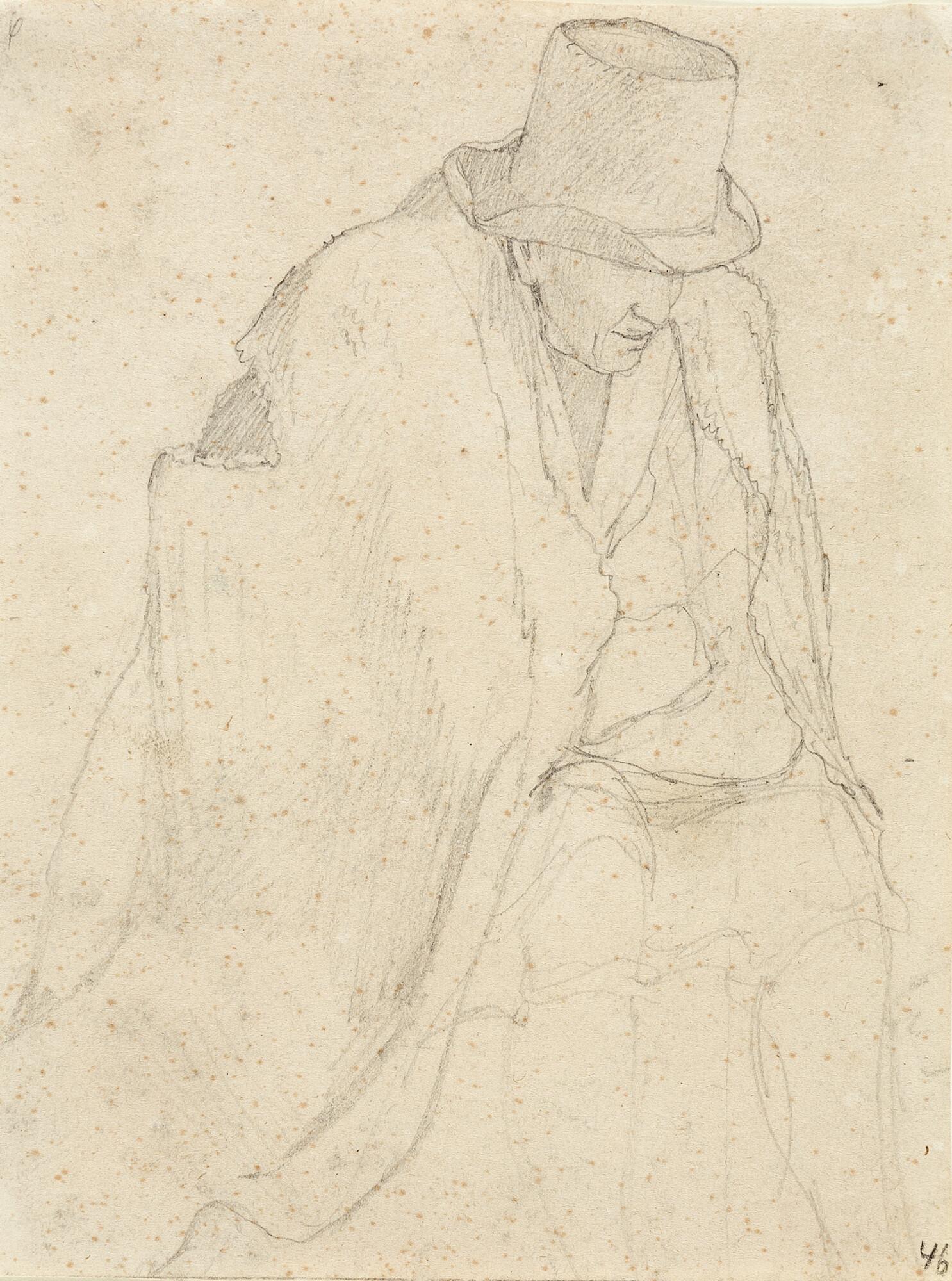 Friedrich Wasmann - Gebeugt sitzender Mann mit zerissenem Überwurf.