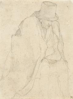 Friedrich Wasmann - Gebeugt sitzender Mann mit zerissenem Überwurf.