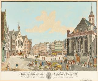 Friedrich Wilhelm Delkeskamp - Ansicht des Römerberges mit der Nikolaikirche zu Frankfurt am