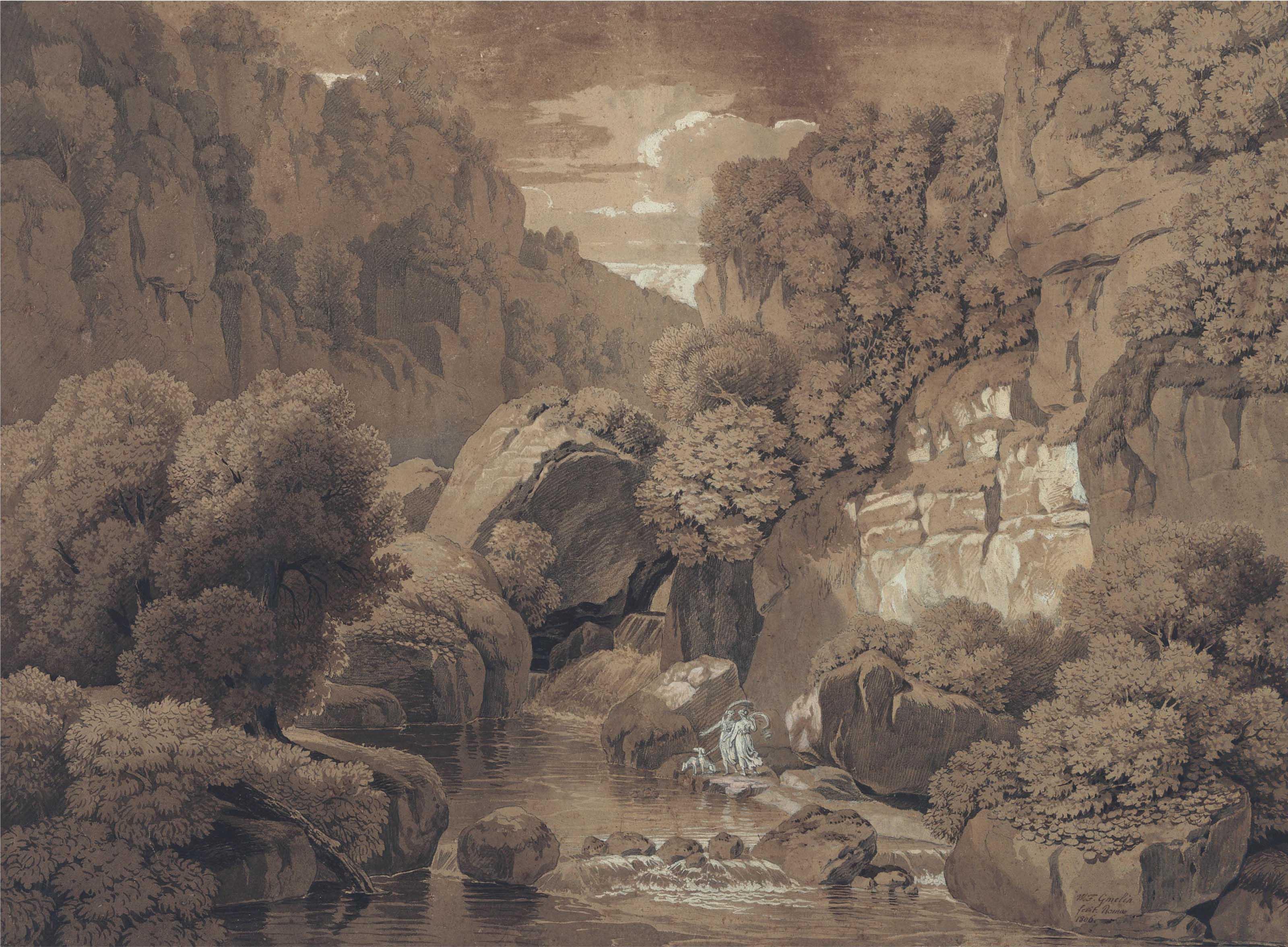 Friedrich Wilhelm Gmelin - A landscape with rocky cascades, and two female figures with dogs