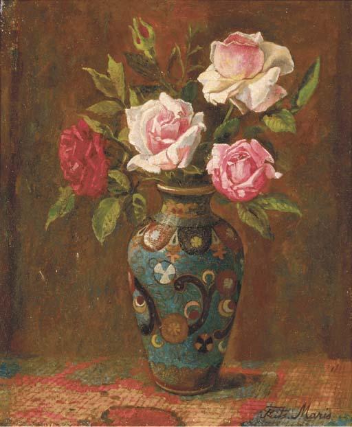 Frits Maris - Rozen: roses in a cloissoné vase