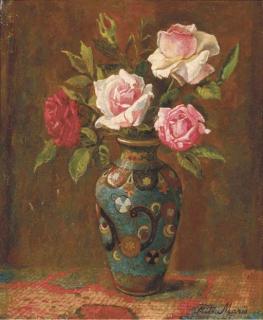Frits Maris - Rozen: roses in a cloissoné vase