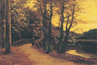 Frits Mondriaan - Avond aan de vijver: a woman strolling by a lake at dusk